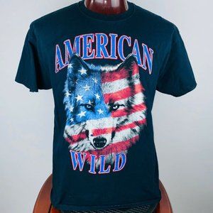 American Wild Flag Stars Stripes Wolf Head Black T Shirt XL Fruit of the Loom